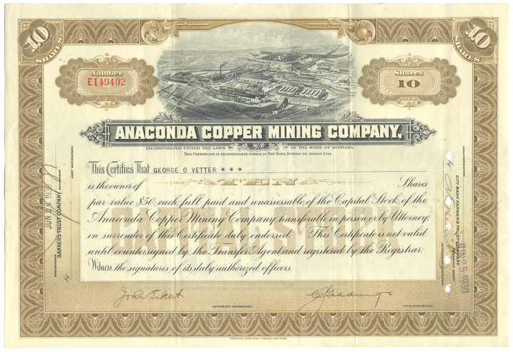 Anaconda Copper Mining Company Stock Certificate