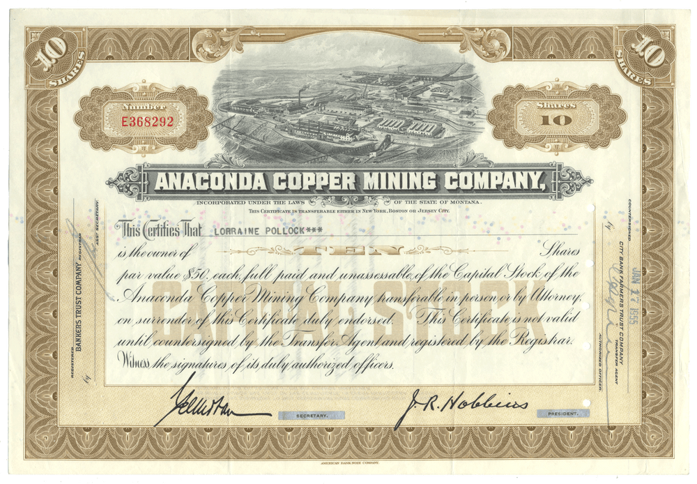 An old stock certificate for the Anaconda Copper Mining Company with detailed text and graphics.