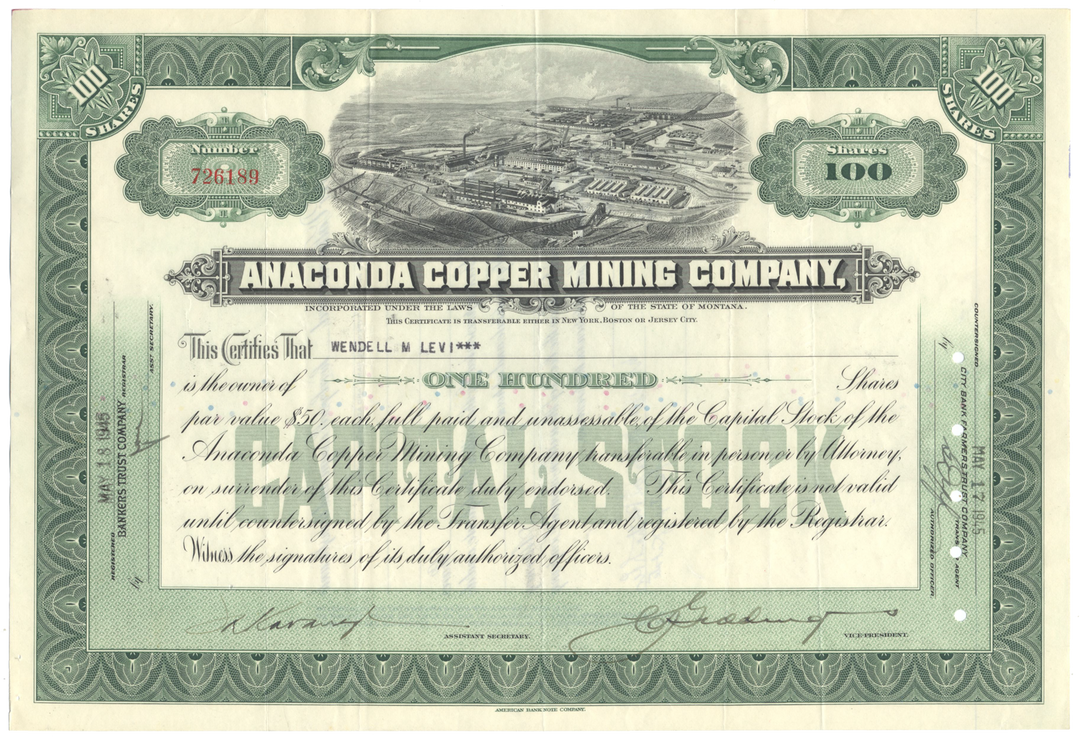 Anaconda Copper Mining Company Stock Certificate