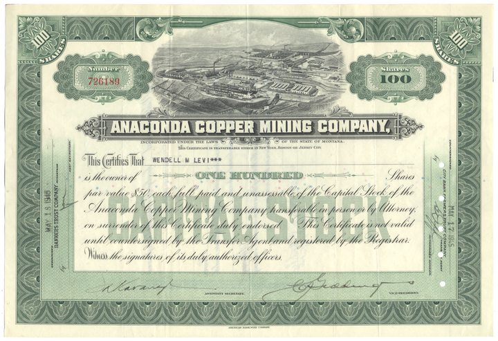 Anaconda Copper Mining Company Stock Certificate