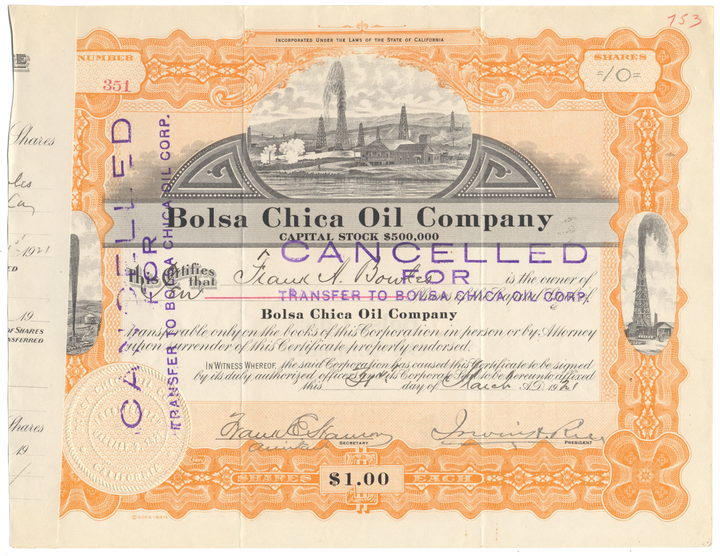 Bolsa Chica Oil Company Stock Certificate