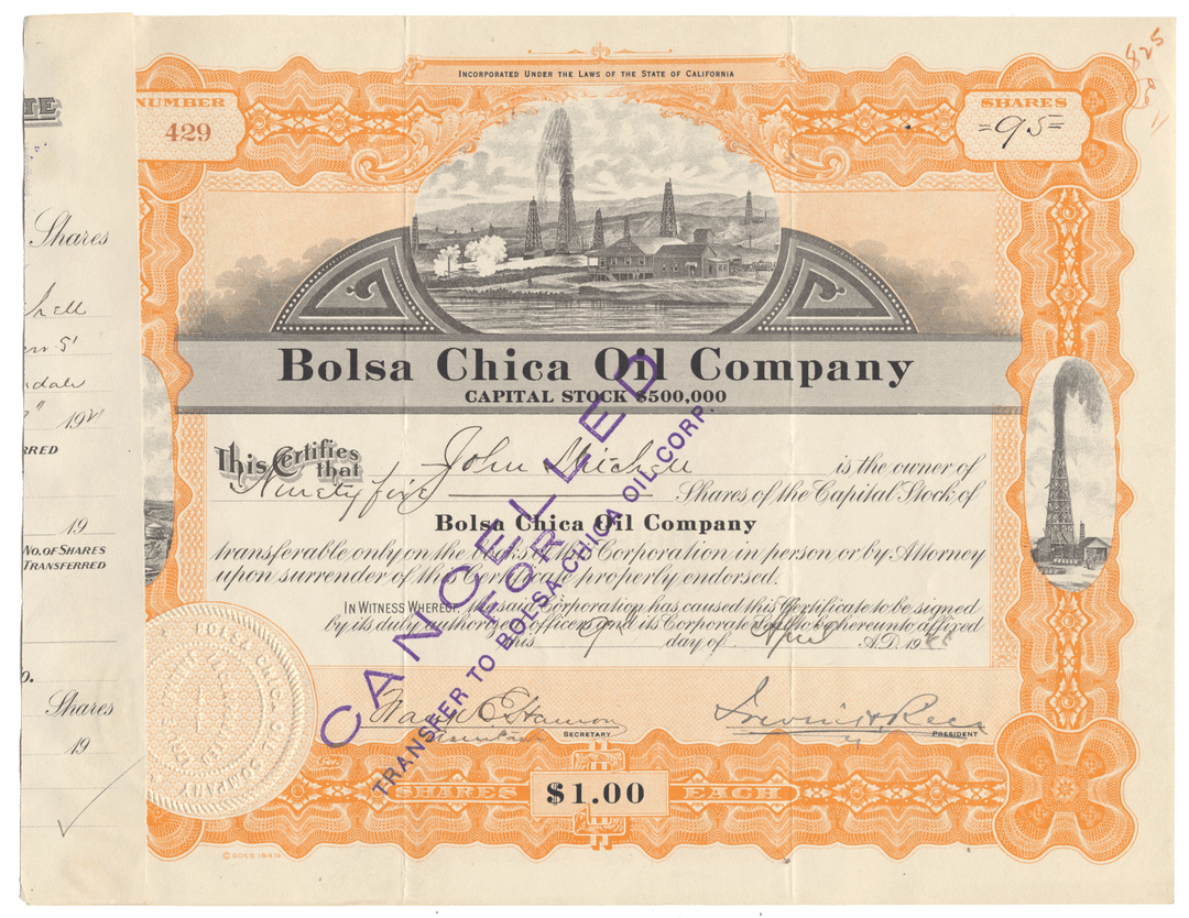 Vintage Bolsa Chica Oil Company stock certificate from 1921