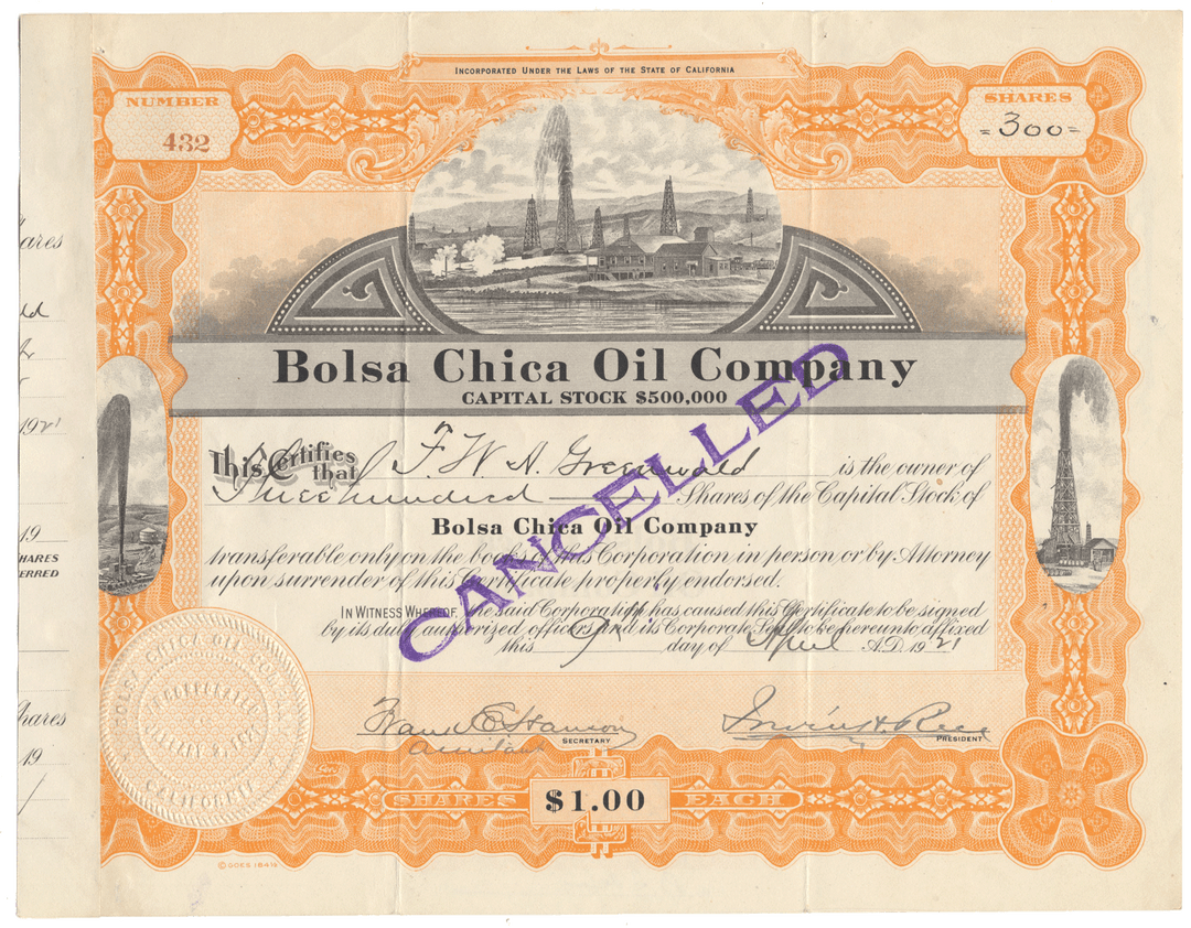 Bolsa Chica Oil Company Stock Certificate