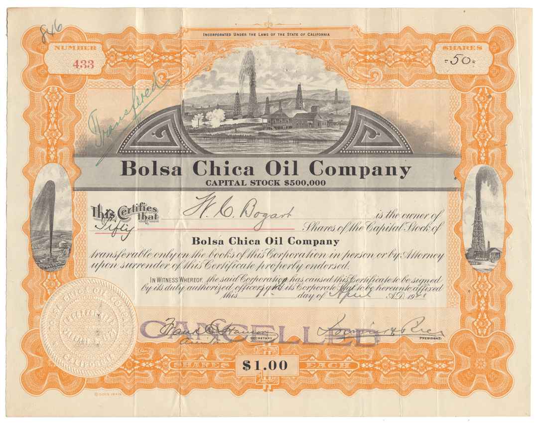 Bolsa Chica Oil Company Stock Certificate