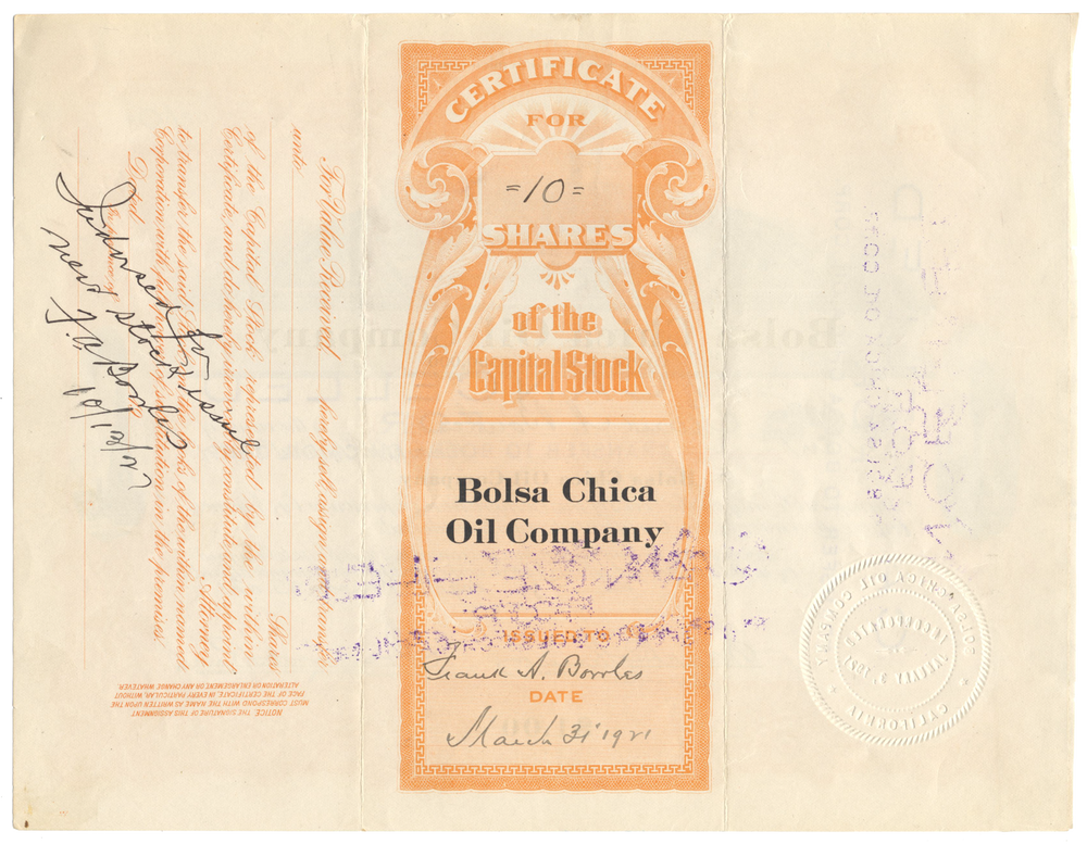 Bolsa Chica Oil Company Stock Certificate