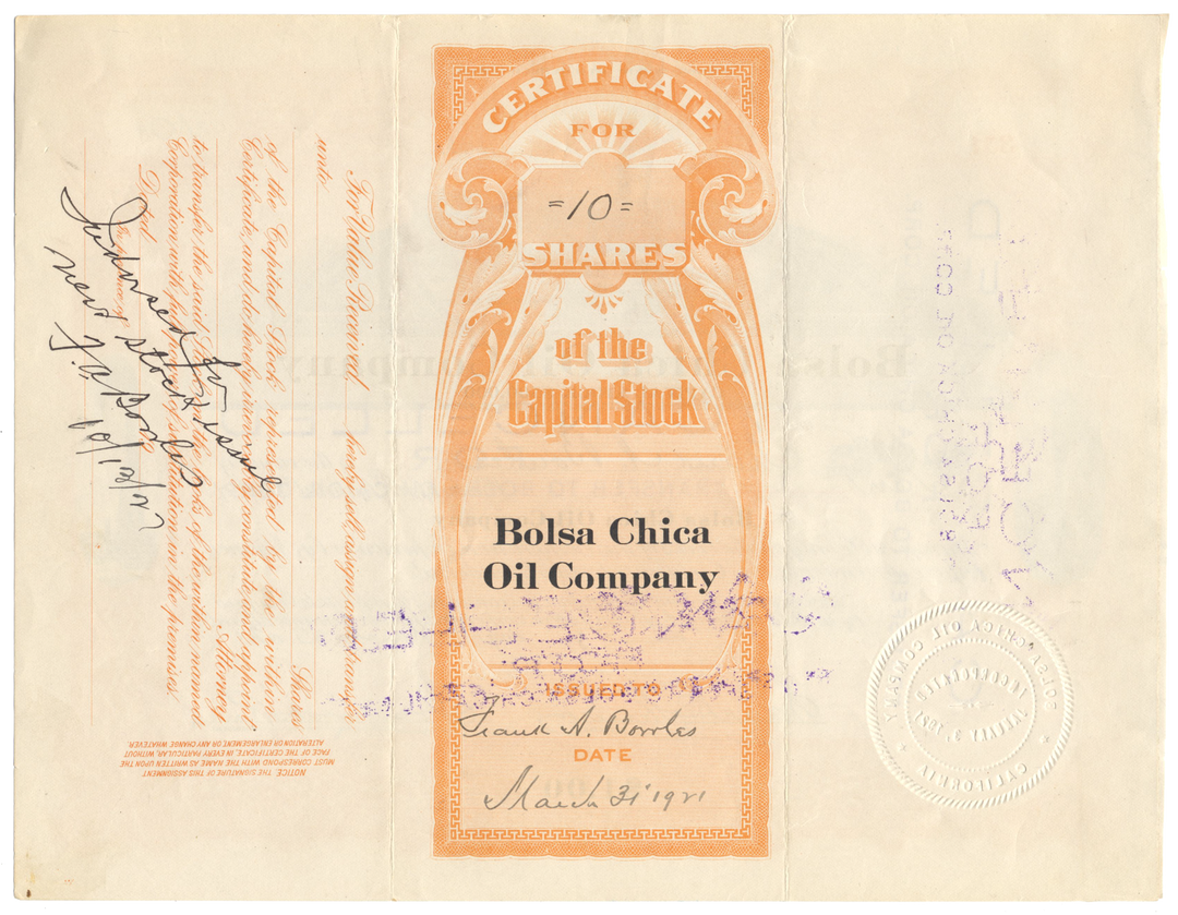 Bolsa Chica Oil Company Stock Certificate