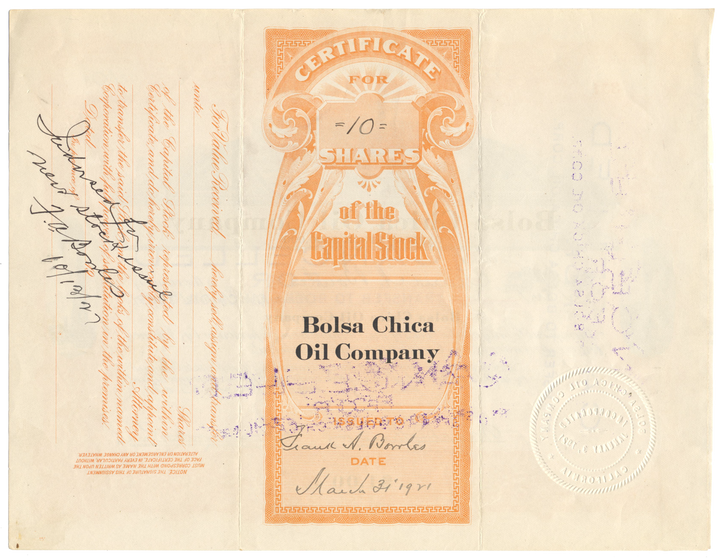 Bolsa Chica Oil Company Stock Certificate