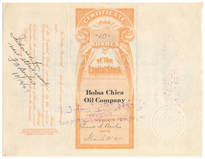 Bolsa Chica Oil Company Stock Certificate