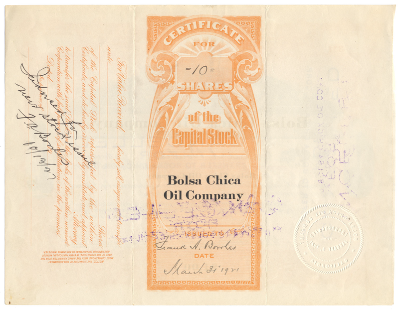 Bolsa Chica Oil Company Stock Certificate