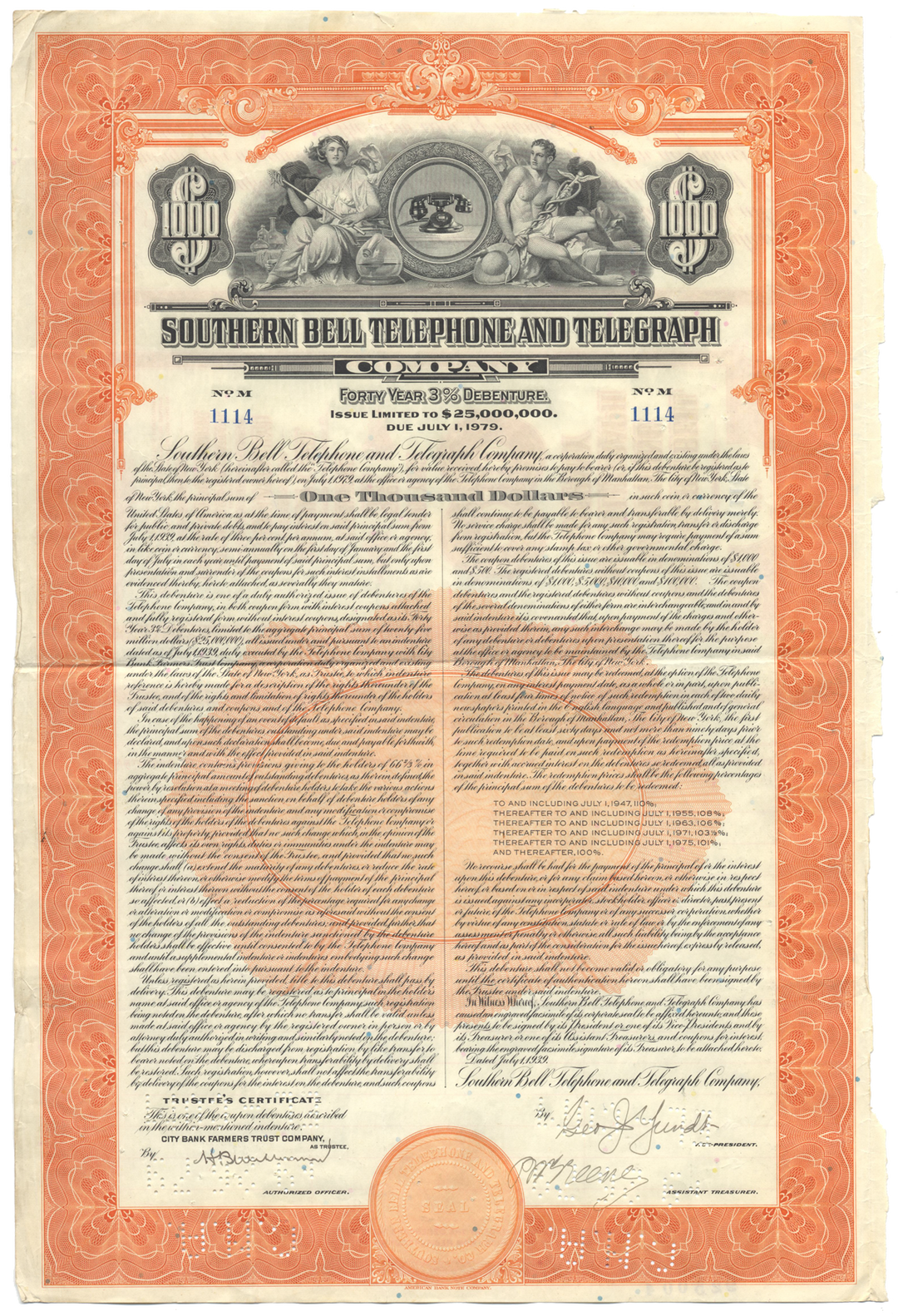 Southern Bell Telephone and Telegraph Company Bond Certificate