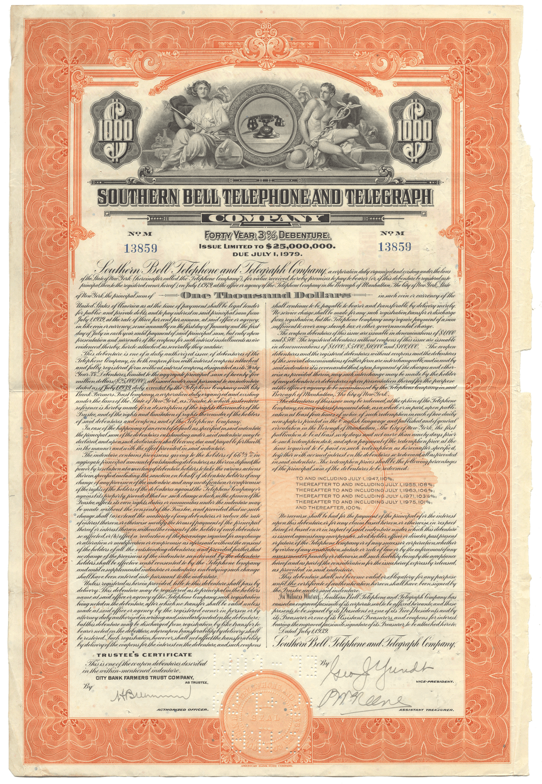 Historical bond certificate for Southern Bell Telephone and Telegraph Company with decorative border and text.