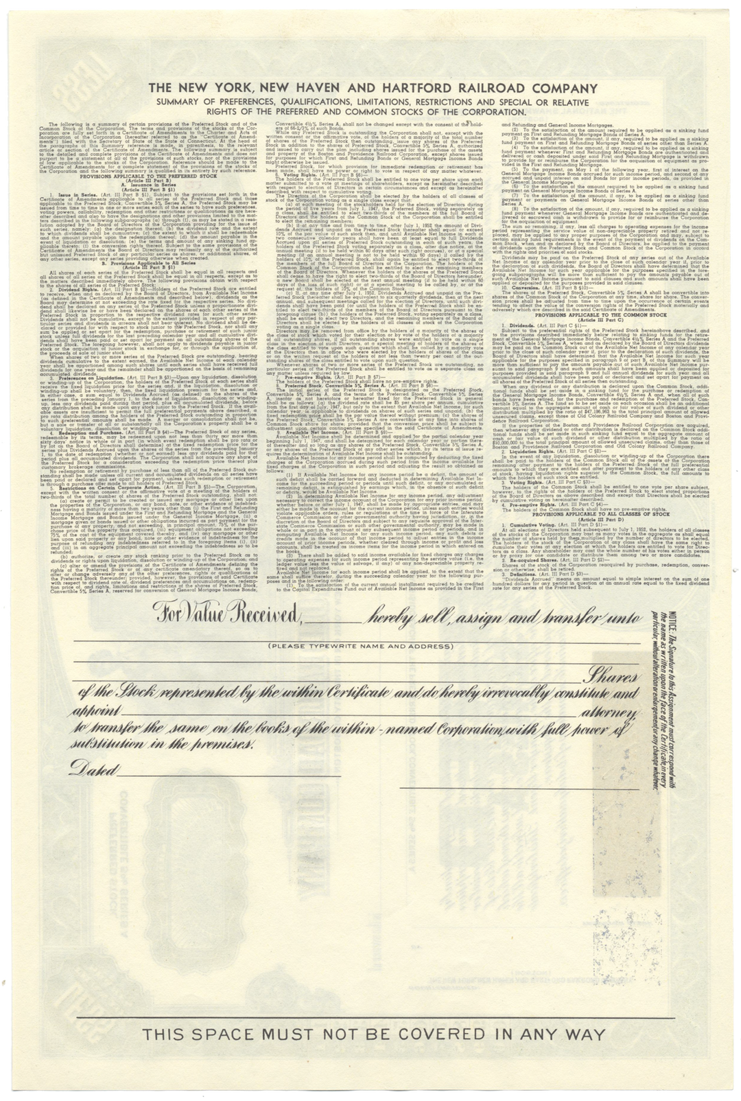 New York, New Haven and Hartford Railroad Company Stock Certificate