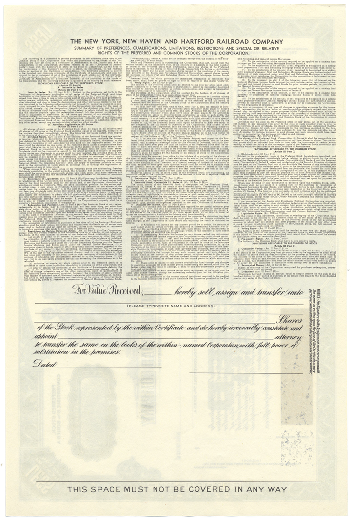 New York, New Haven and Hartford Railroad Company Stock Certificate