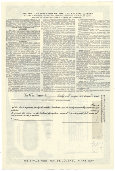 New York, New Haven and Hartford Railroad Company Stock Certificate