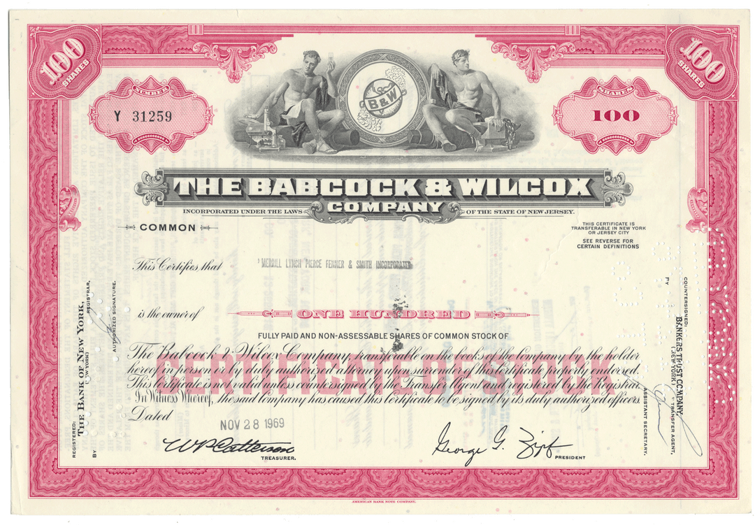 Vintage stock certificate of The Babcock & Wilcox Company 