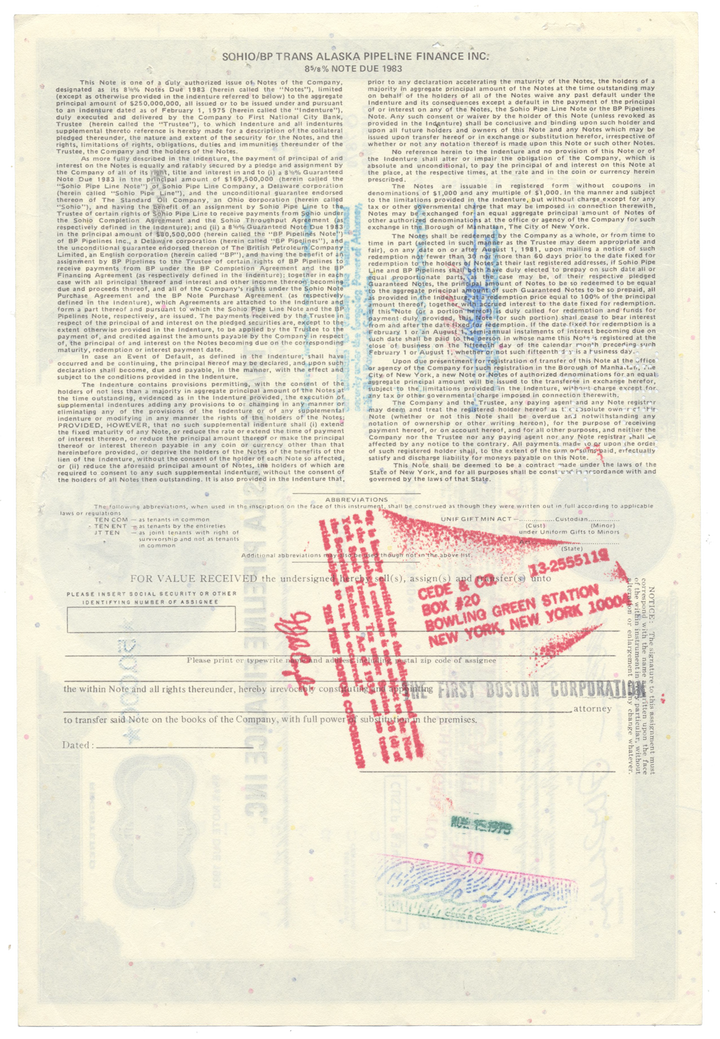 Sohio/BP Trans Alaska Pipeline Finance Inc. Bond Certificate