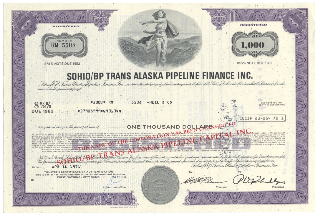 Sohio/BP Trans Alaska Pipeline Finance Inc. Bond Certificate