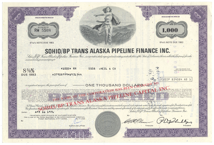 Sohio/BP Trans Alaska Pipeline Finance Inc. Bond Certificate