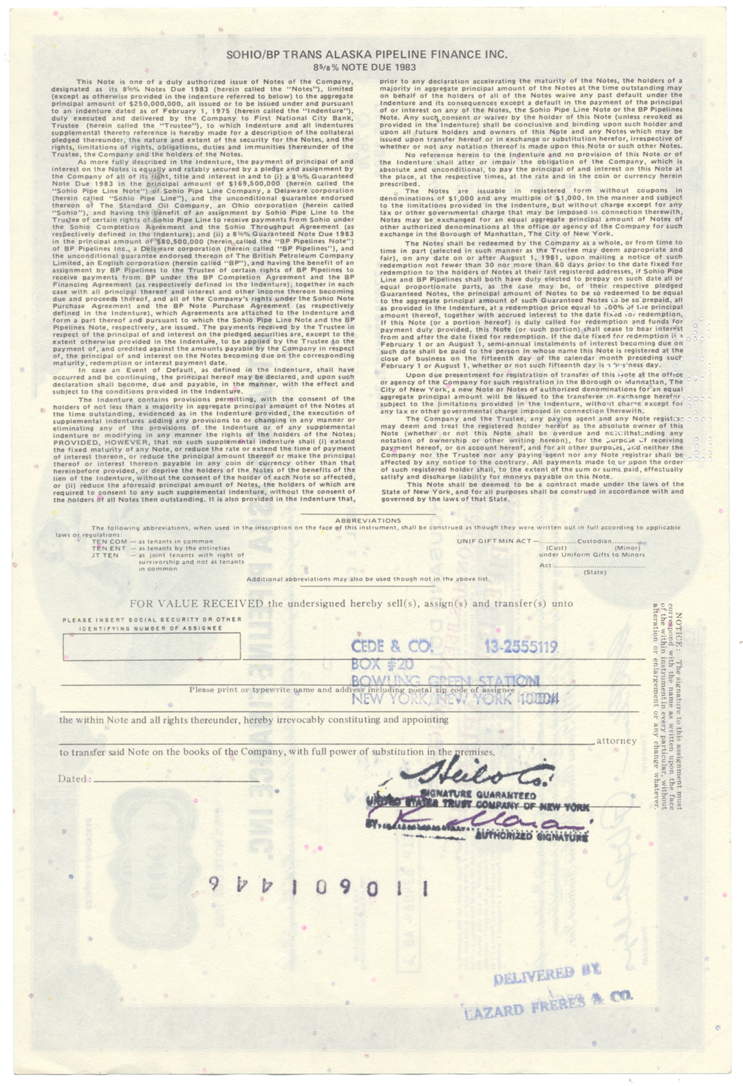 Sohio/BP Trans Alaska Pipeline Finance Inc. Bond Certificate