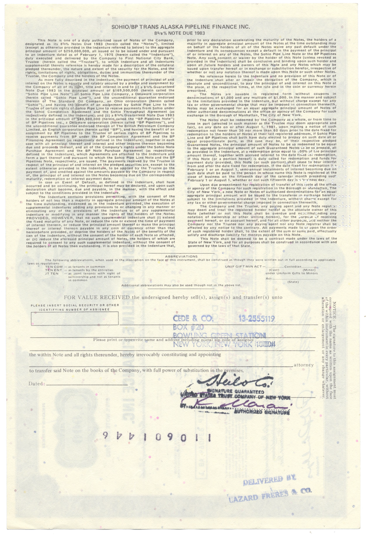 Sohio/BP Trans Alaska Pipeline Finance Inc. Bond Certificate