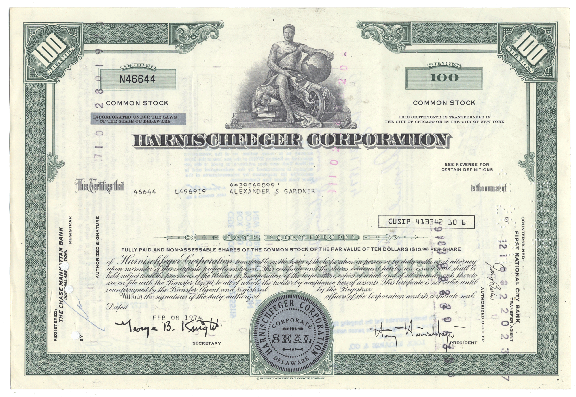 Stock certificate of Harnischfeger Corporation with a green border and detailed design.