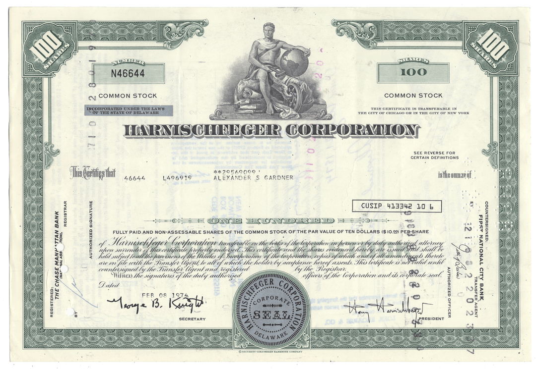 Stock certificate of Harnischfeger Corporation with a green border and detailed design.