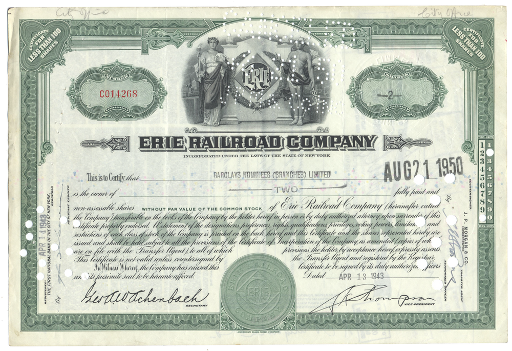 Erie Railroad Company Stock Certificate