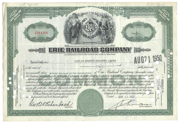 Erie Railroad Company Stock Certificate