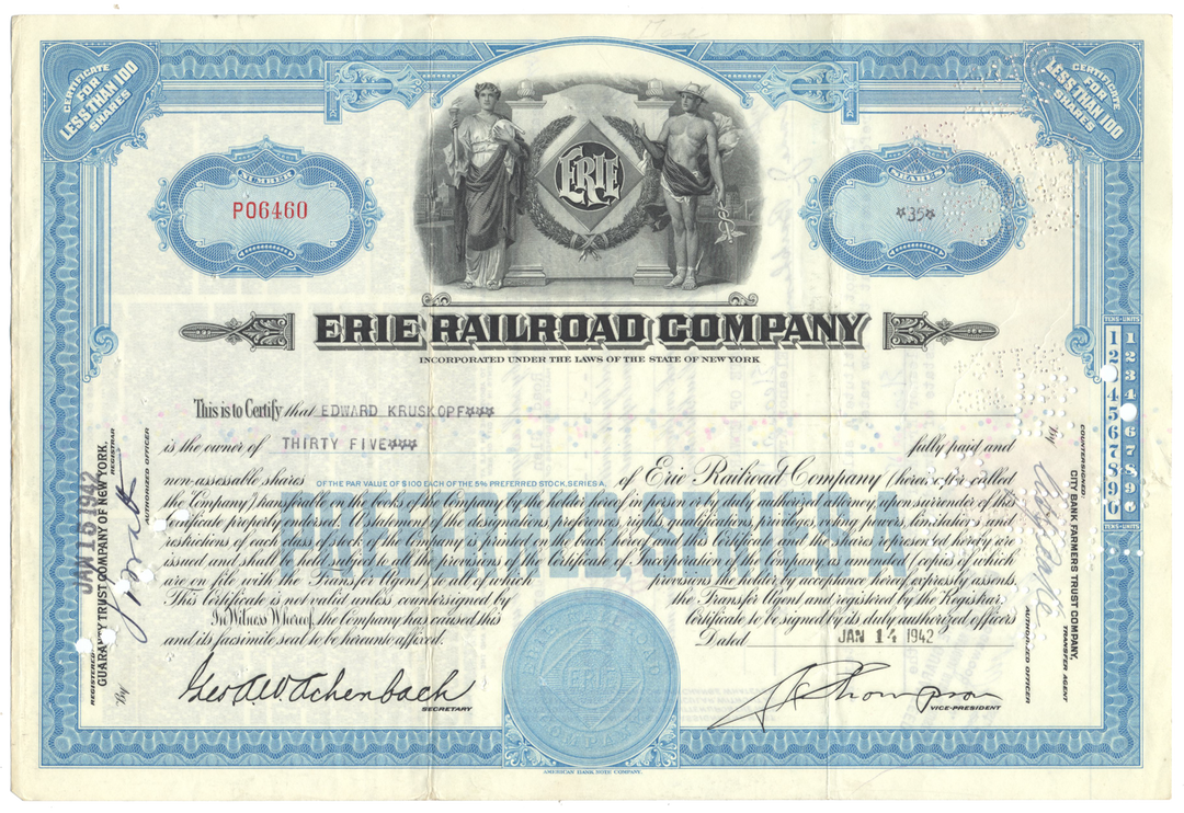 Erie Railroad Company Stock Certificate