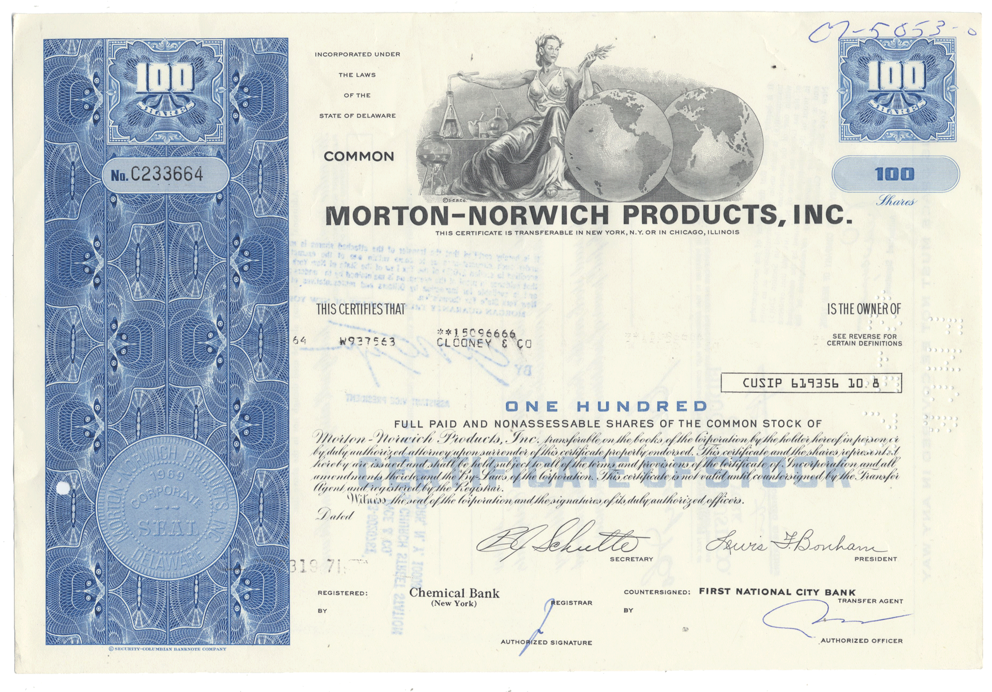 A vintage stock certificate for Morton-Norwich Products, Inc., dated 1971