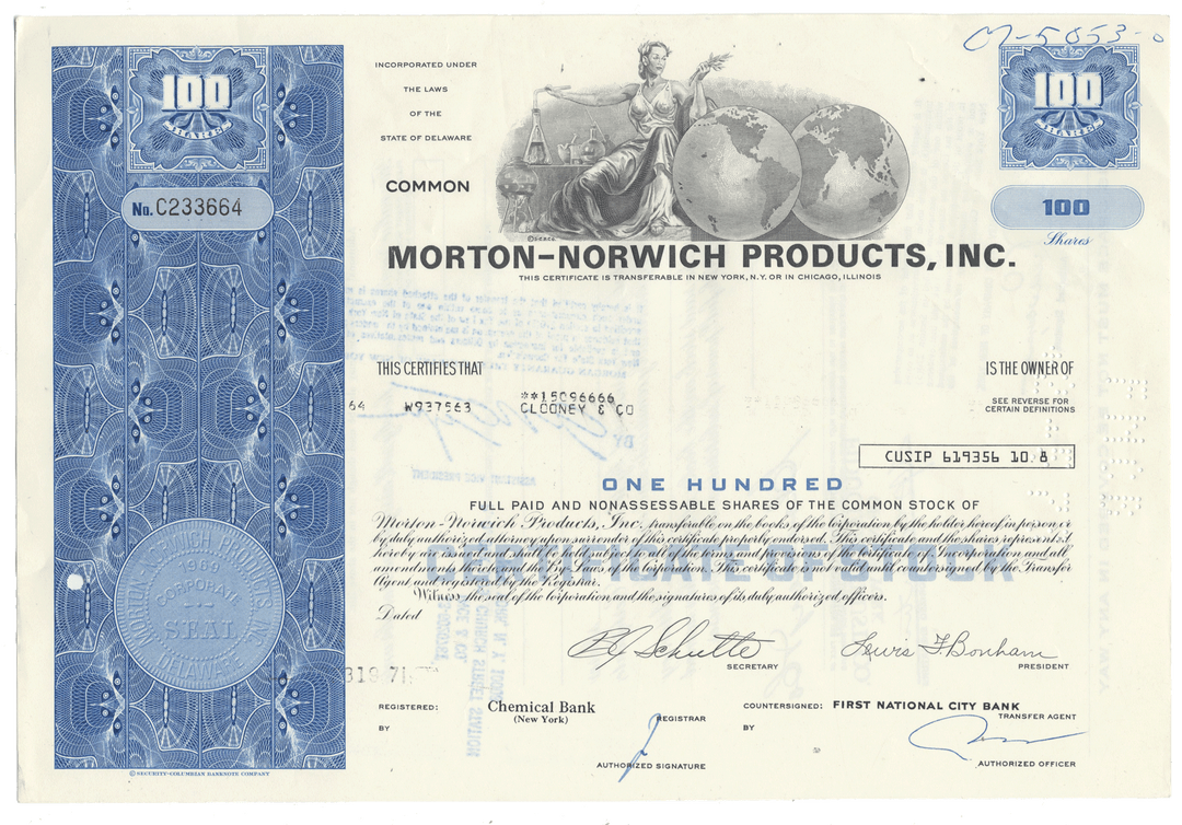 A vintage stock certificate for Morton-Norwich Products, Inc., dated 1971