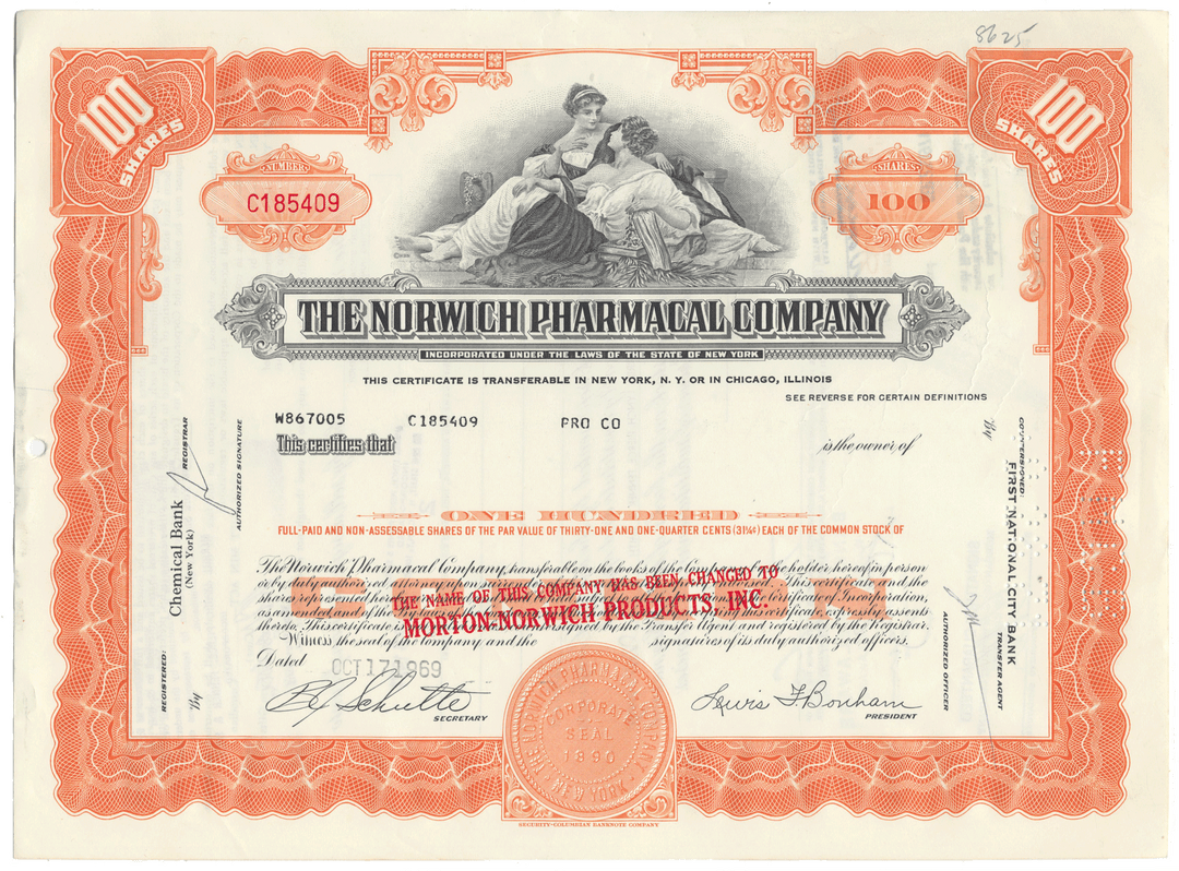 Vintage stock certificate of The Norwich Pharmacal Company with decorative elements.