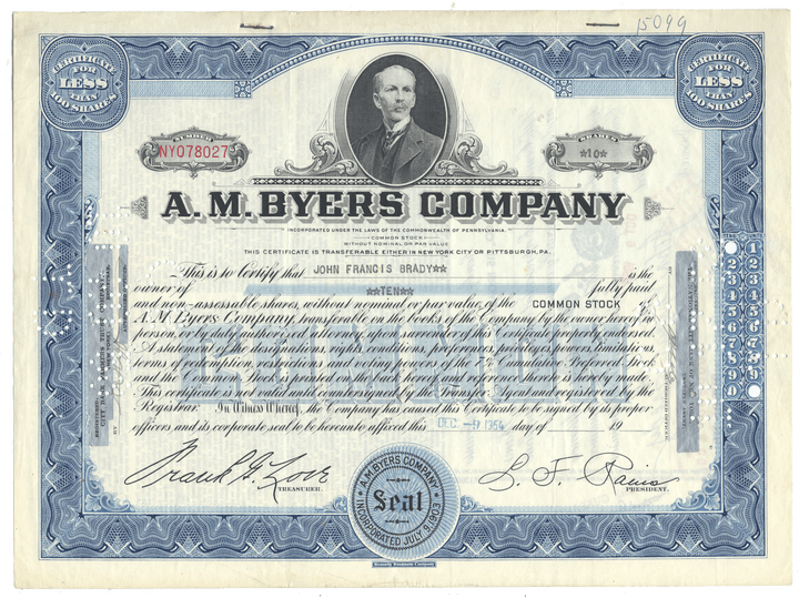 A.M. Byers Company stock certificate with a portrait of a man and decorative elements.
