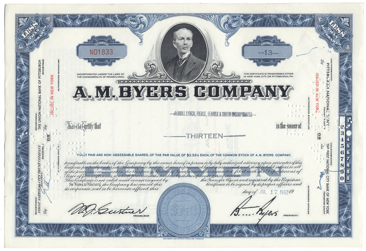 A. M. Byers Company Stock Certificate