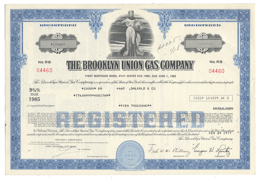 Brooklyn Union Gas Company bond certificate from the 1970's