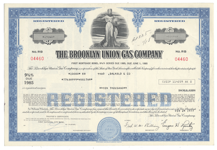 Brooklyn Union Gas Company bond certificate from the 1970's