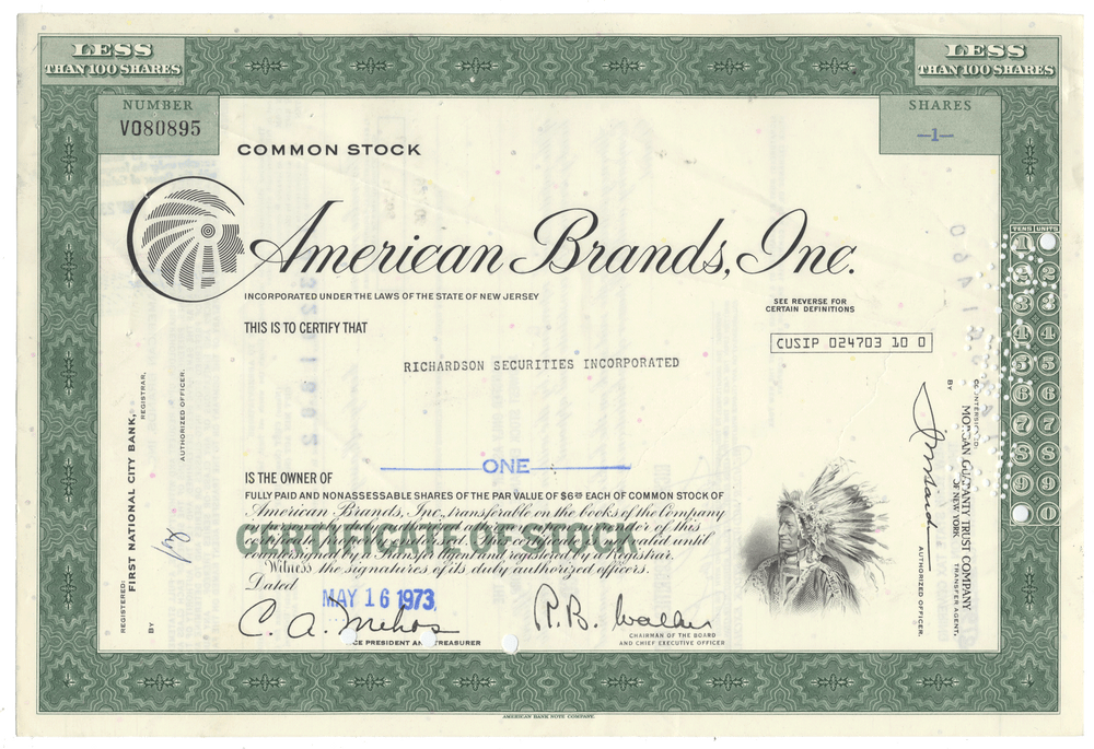 American Brands, Inc. Stock Certificate from 1973