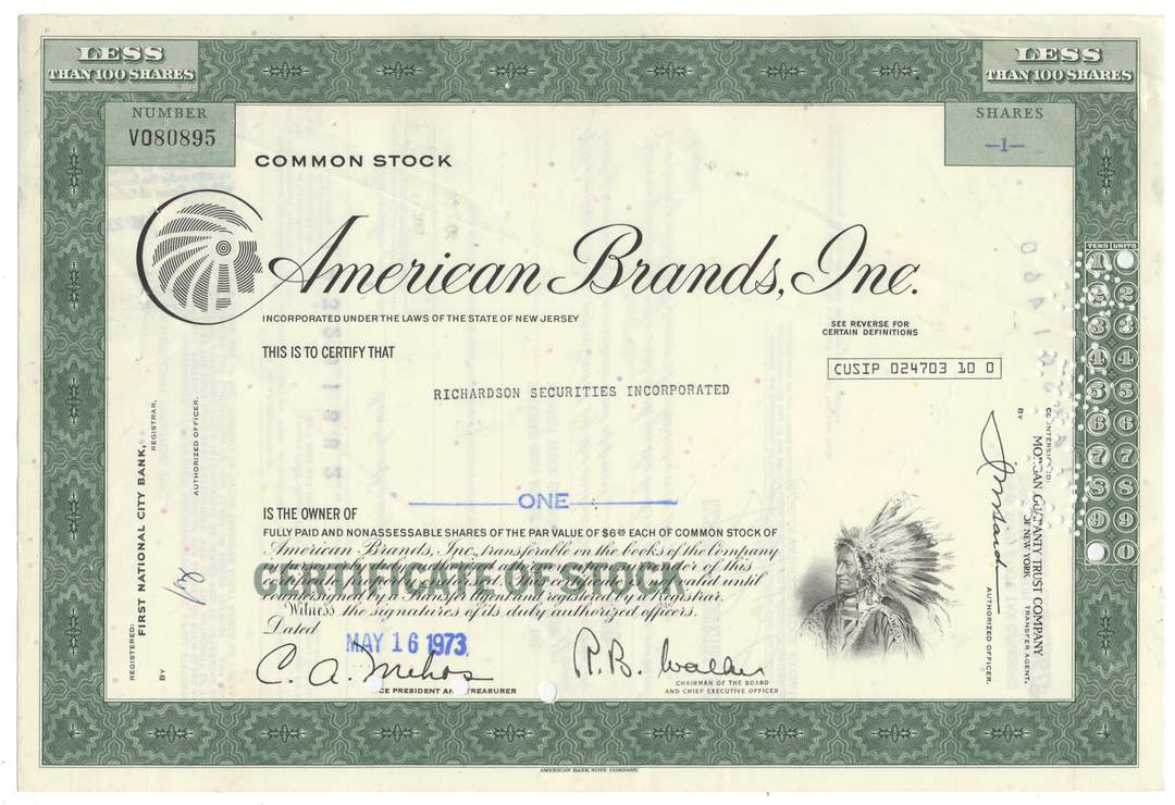 American Brands, Inc. Stock Certificate from 1973