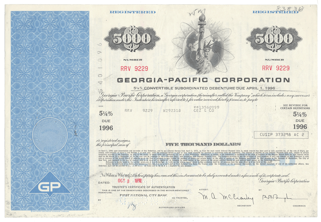 Georgia-Pacific Corporation bond certificate from 1972