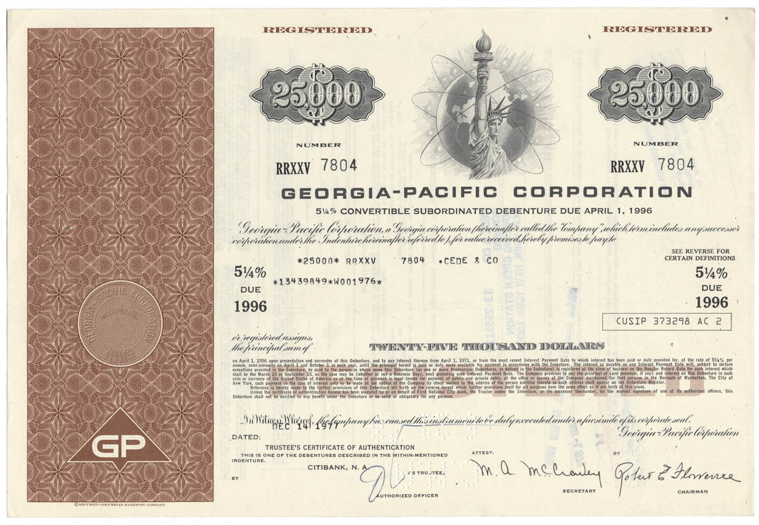 Georgia-Pacific Corporation bond certificate with decorative elements and text.