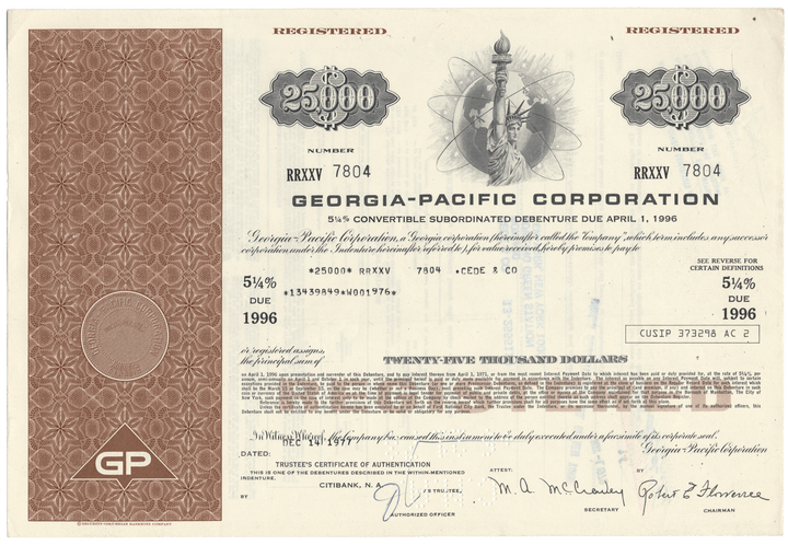 Georgia-Pacific Corporation bond certificate with decorative elements and text.