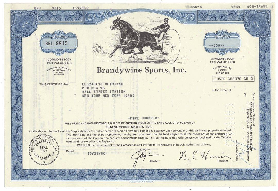 Brandywine Sports Inc stock certificate dated 1980