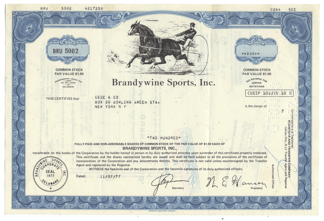 Vintage stock certificate for Brandywine Sports, Inc., from 1977