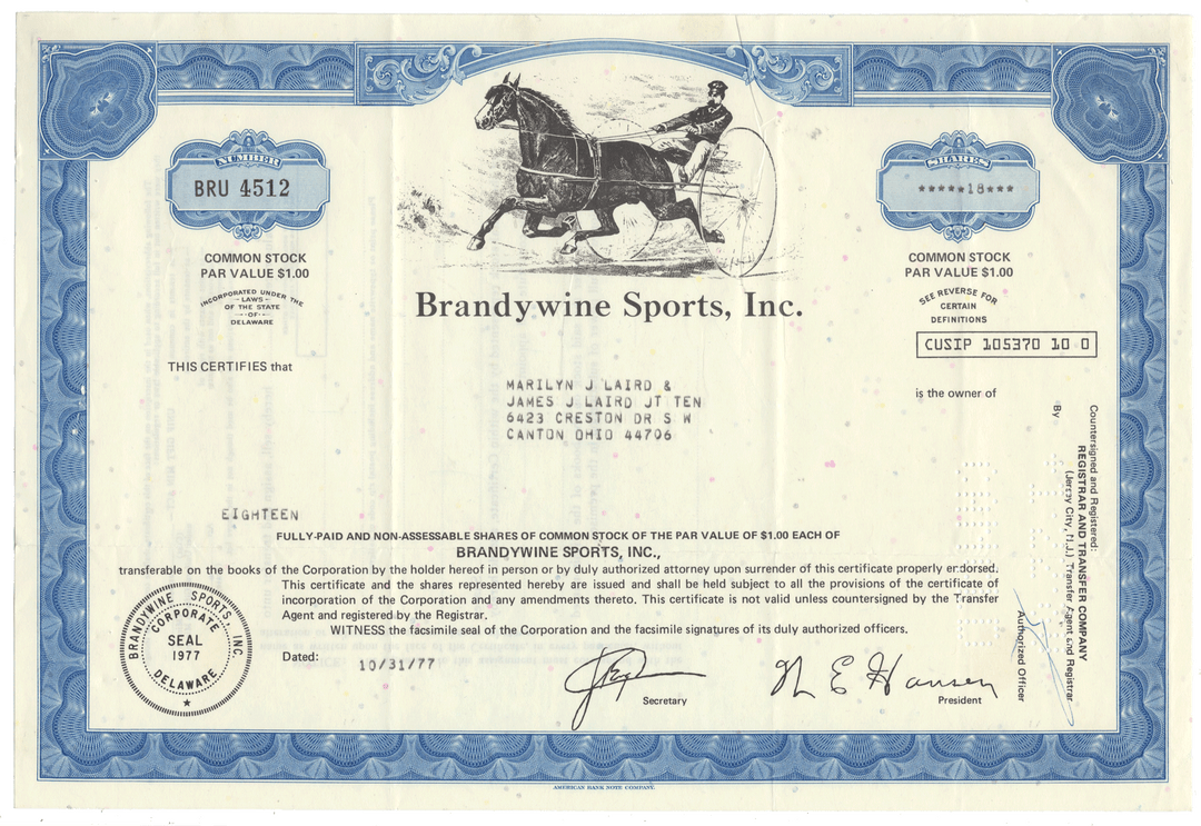 Vintage stock certificate for Brandywine Sports, Inc. with horse and rider illustration.