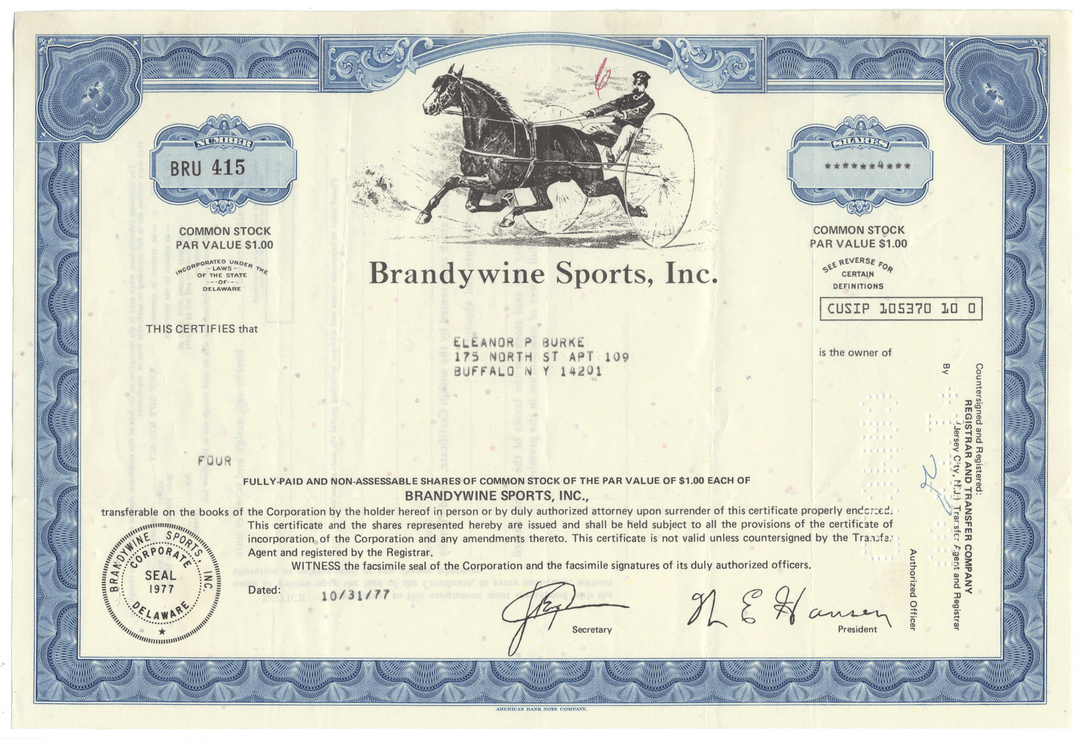 Share certificate from Brandywine Sports, Inc. with horse and jockey illustration.