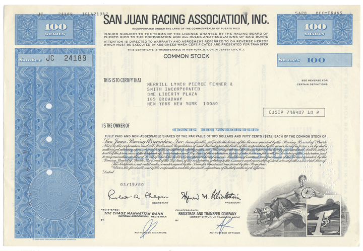 San Juan Racing Association, Inc. Stock Certificate
