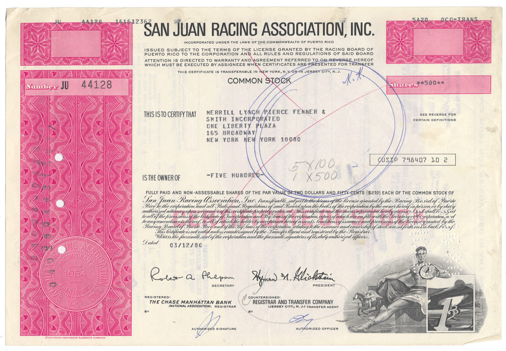 San Juan Racing Association, Inc. Stock Certificate
