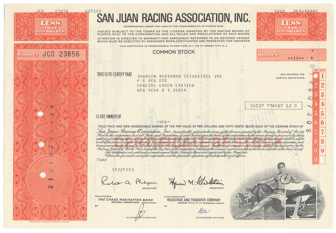 San Juan Racing Association, Inc. Stock Certificate