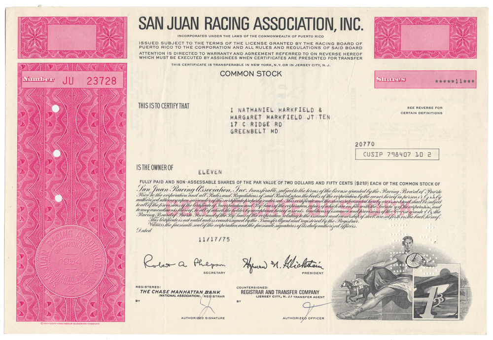 San Juan Racing Association, Inc. Stock Certificate