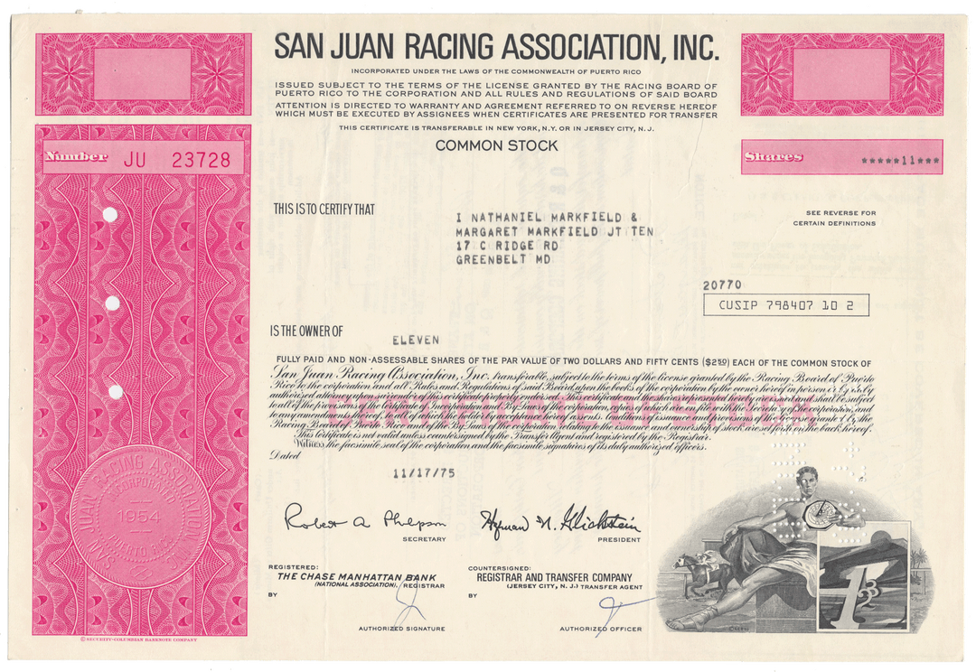 San Juan Racing Association, Inc. Stock Certificate